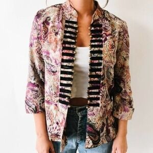 Joni B. Womens Paisley Tapestry Military Style Open Front‎ Jacket Purple Gold M